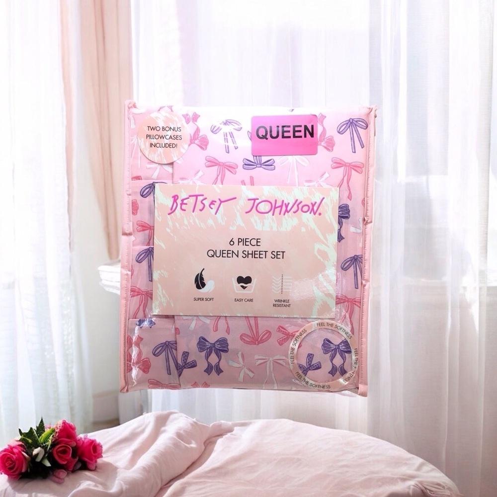 6pc Betsey Johnson Bows & Ribbons Purple Coquette Balletcore Queen Sheet Set